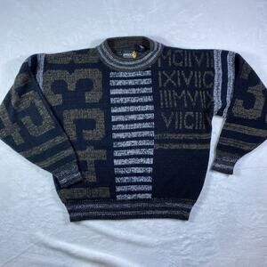 Ecceno Sweater Men’s Large Vintage 90s Roman Numeral Graphic Knit Black Brown